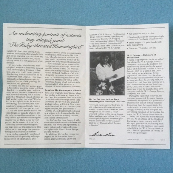 The Ruby-Throated Hummingbird by Lena Liu W. S. George Fine China circ. 1992 NEW - Picture 9 of 9